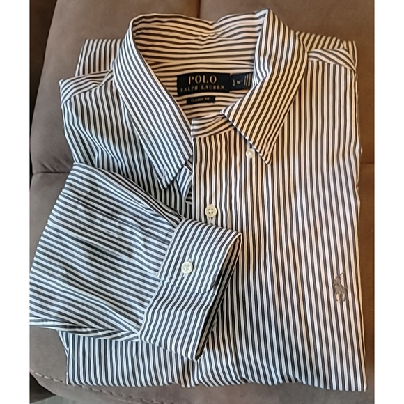 Polo Ralph Lauren Classic Fit Stretch Grey Striped Button Down Shirt LG 16 1/2 - Picture 5 of 11